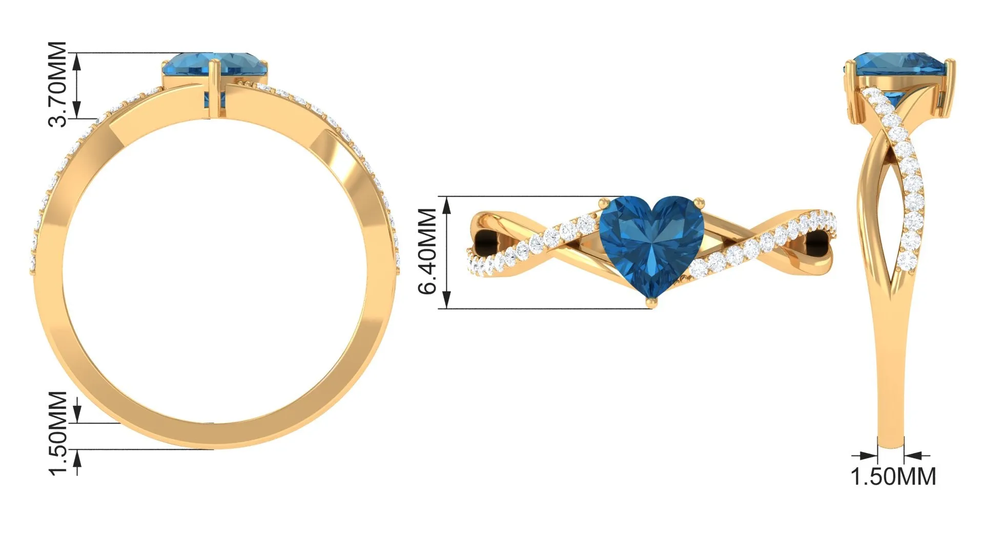 1.25 CT Heart Shape London Blue Topaz Crossover Ring with Diamond