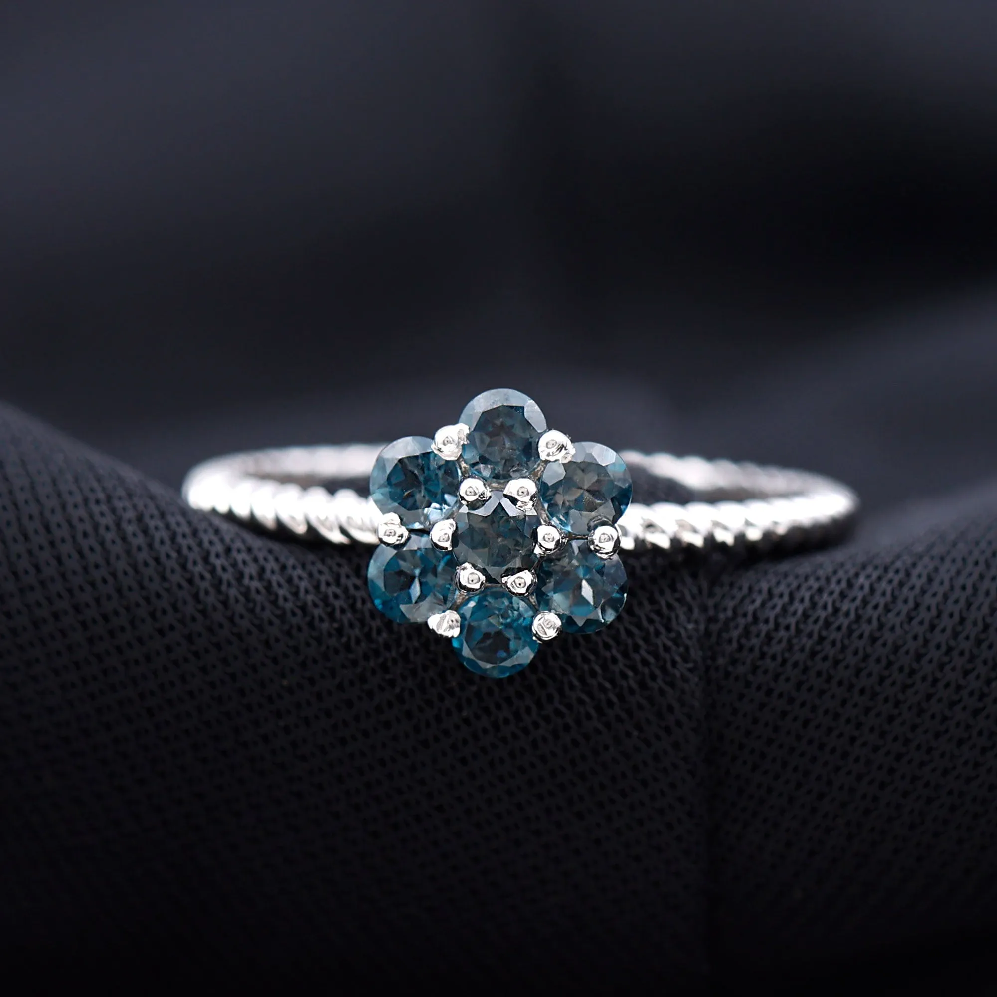 1.25 CT London Blue Topaz Floral Cluster Ring with Twisted Rope Details
