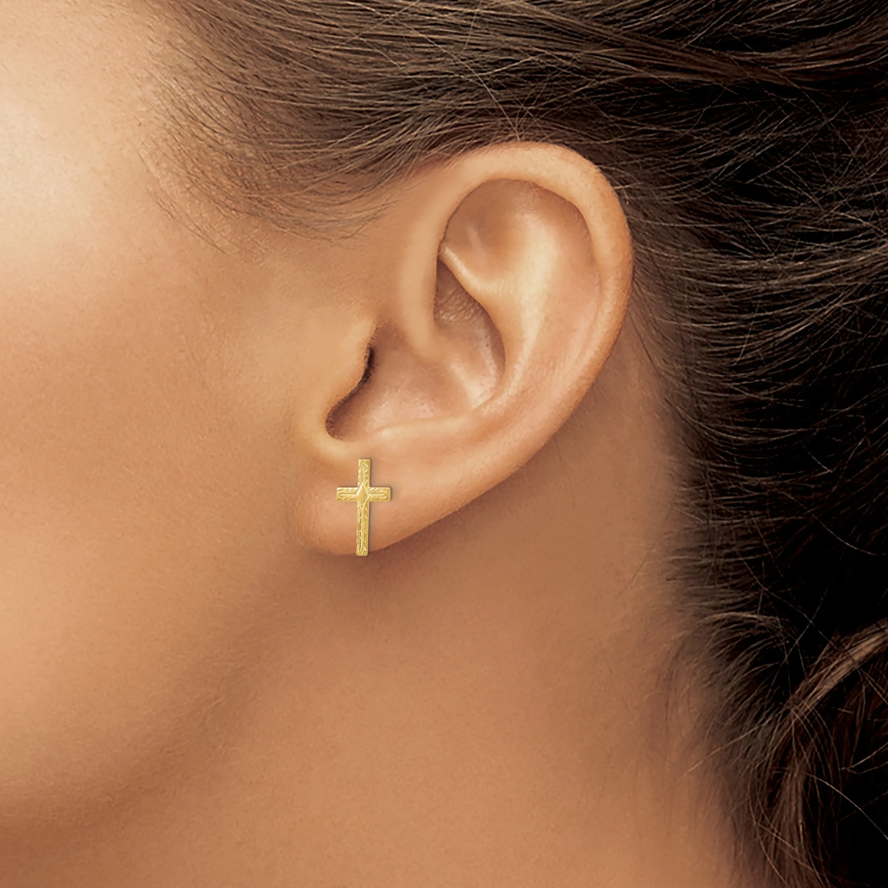 14k Yellow Gold Polished Textured Cross Earrings