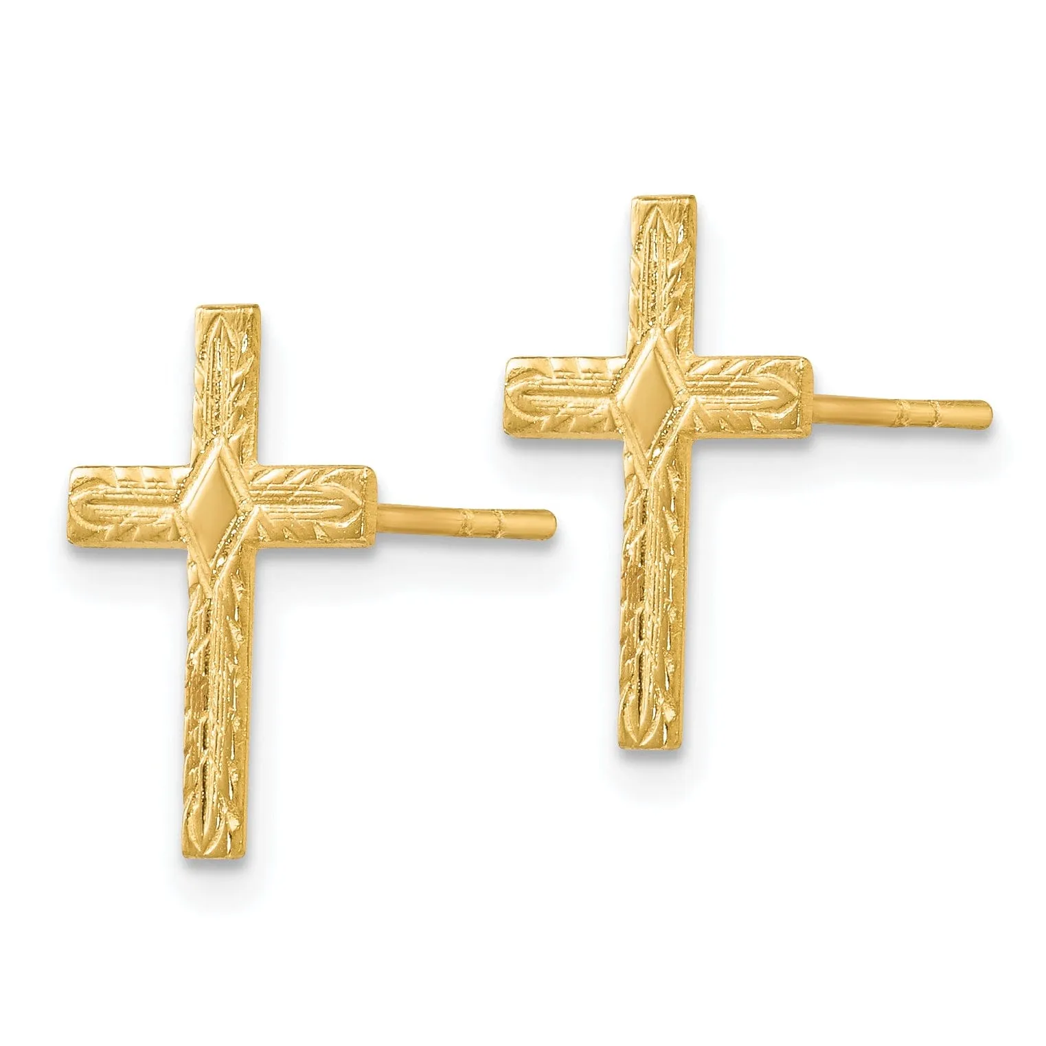 14k Yellow Gold Polished Textured Cross Earrings