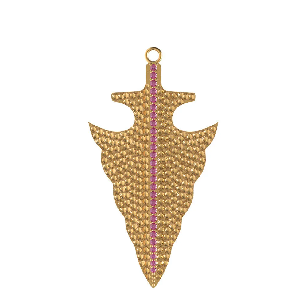 14k Yellow Gold Texture Natural Pink Ruby Gemstone Arrowhead Pendant Jewelry
