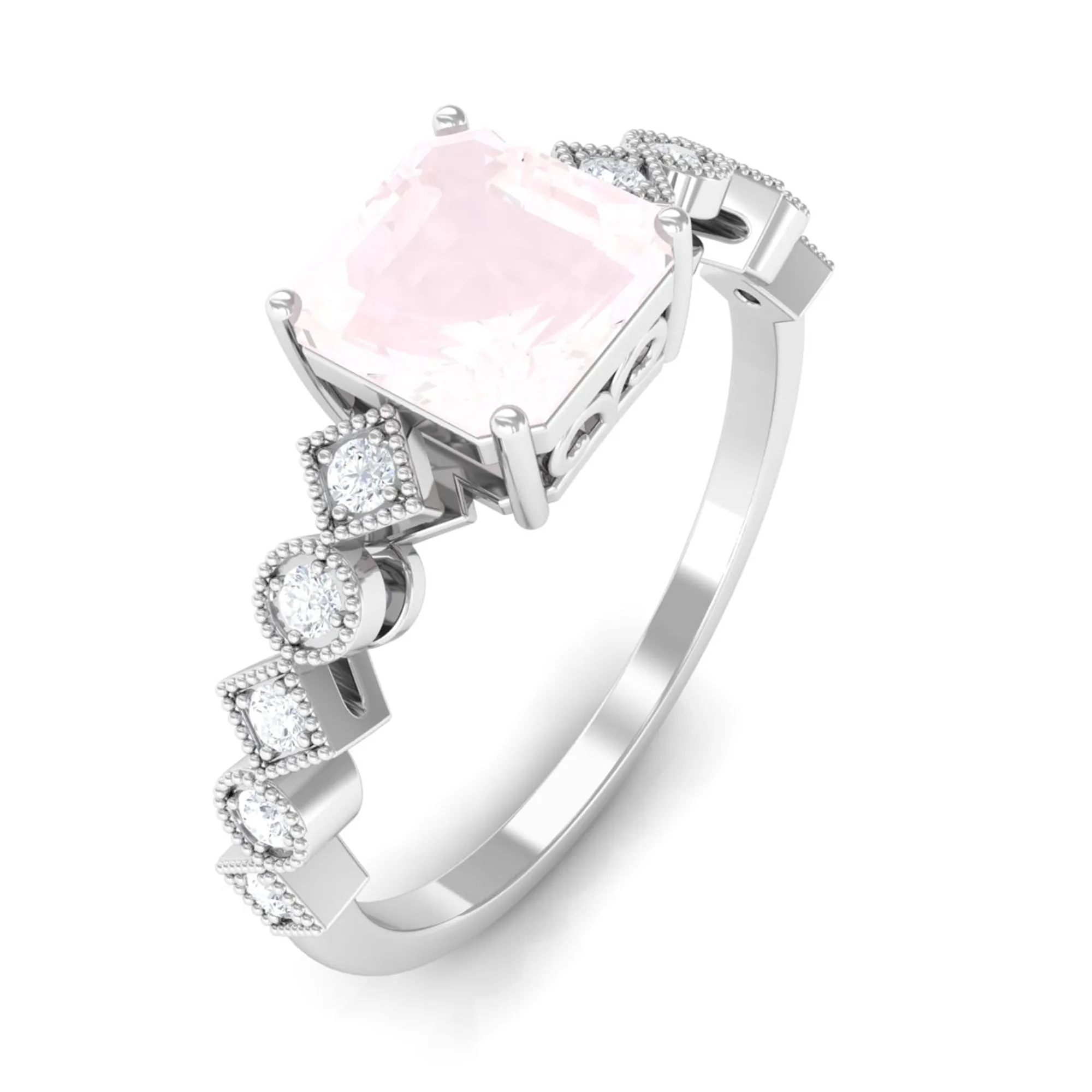 1.5 CT Asscher Cut Rose Quartz Solitaire Engagement Ring with Diamond
