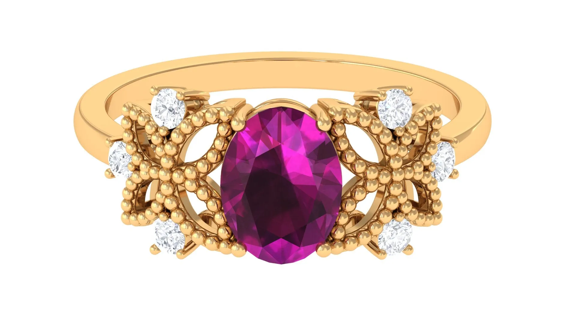 1.75 CT Oval Cut Rhodolite Solitaire Floral Ring with Diamond