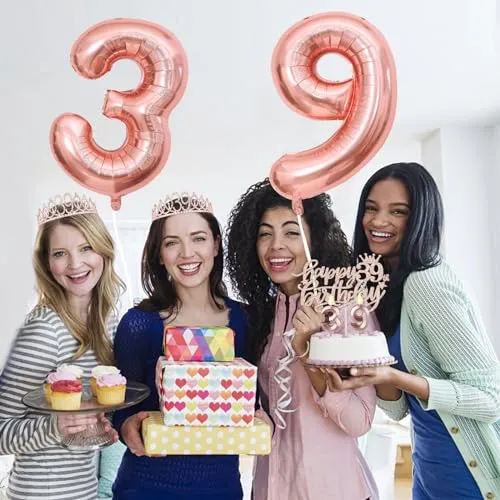 39th Birthday Decorations for Women with 39th Birthday Sash and Crown, Number 39 Candles and Cake Topper, Rose Gold 39 Balloons, 39 Birthday Gifts for Women Birthday Decorations Favor Supplies