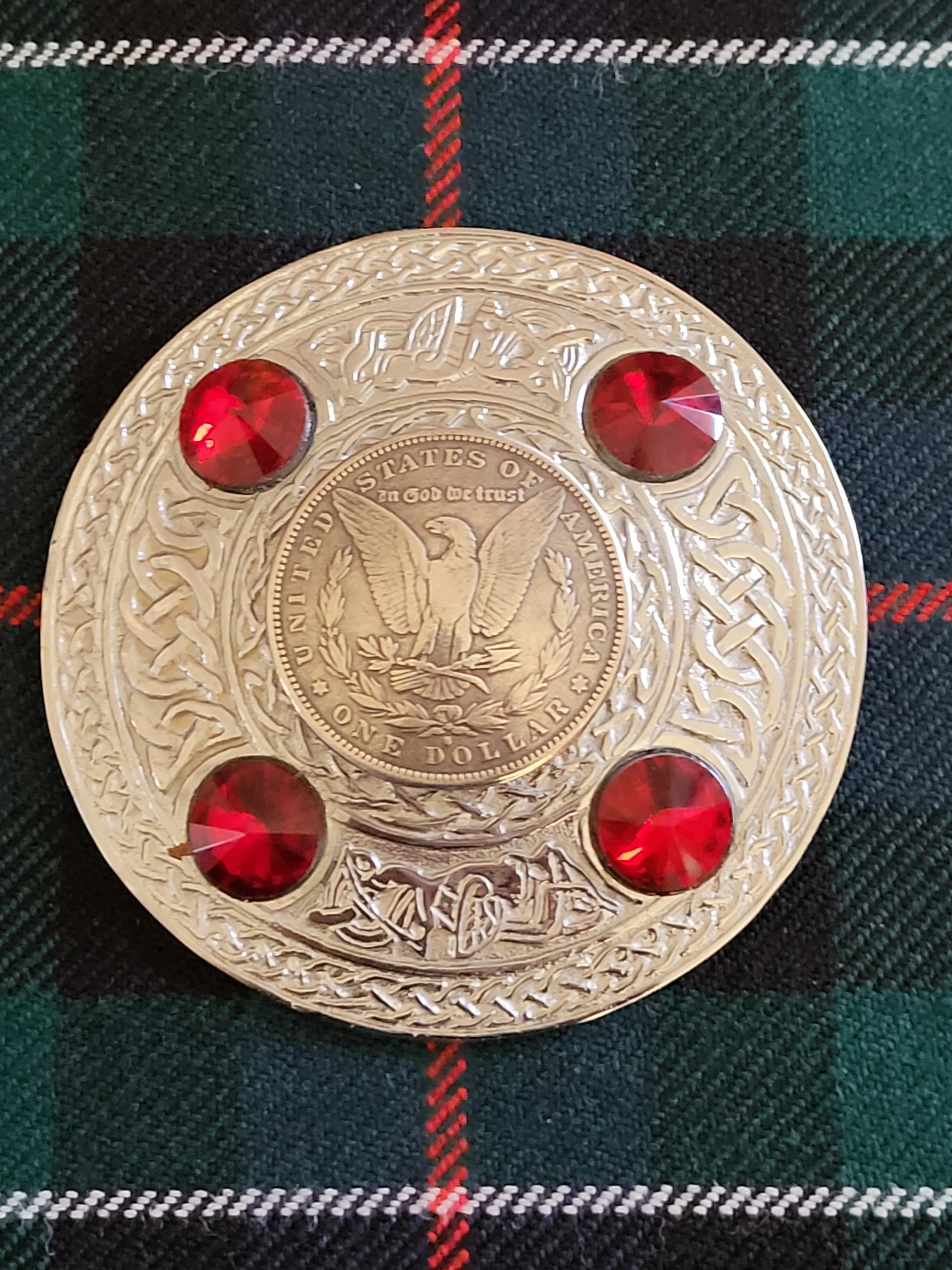 4 Red Corner Stones One Dollar Brooch