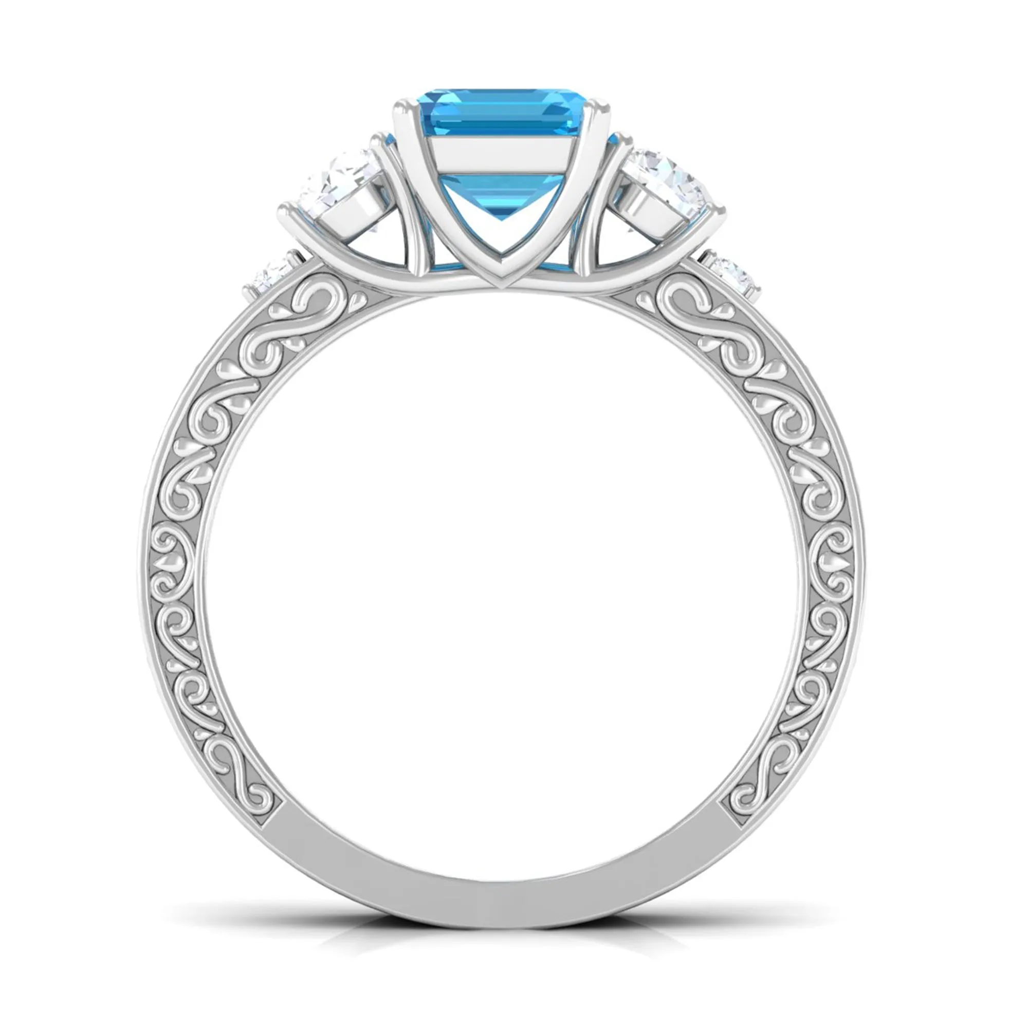 6X8 MM Octagon Cut Swiss Blue Topaz with Moissanite Three Stone Ring