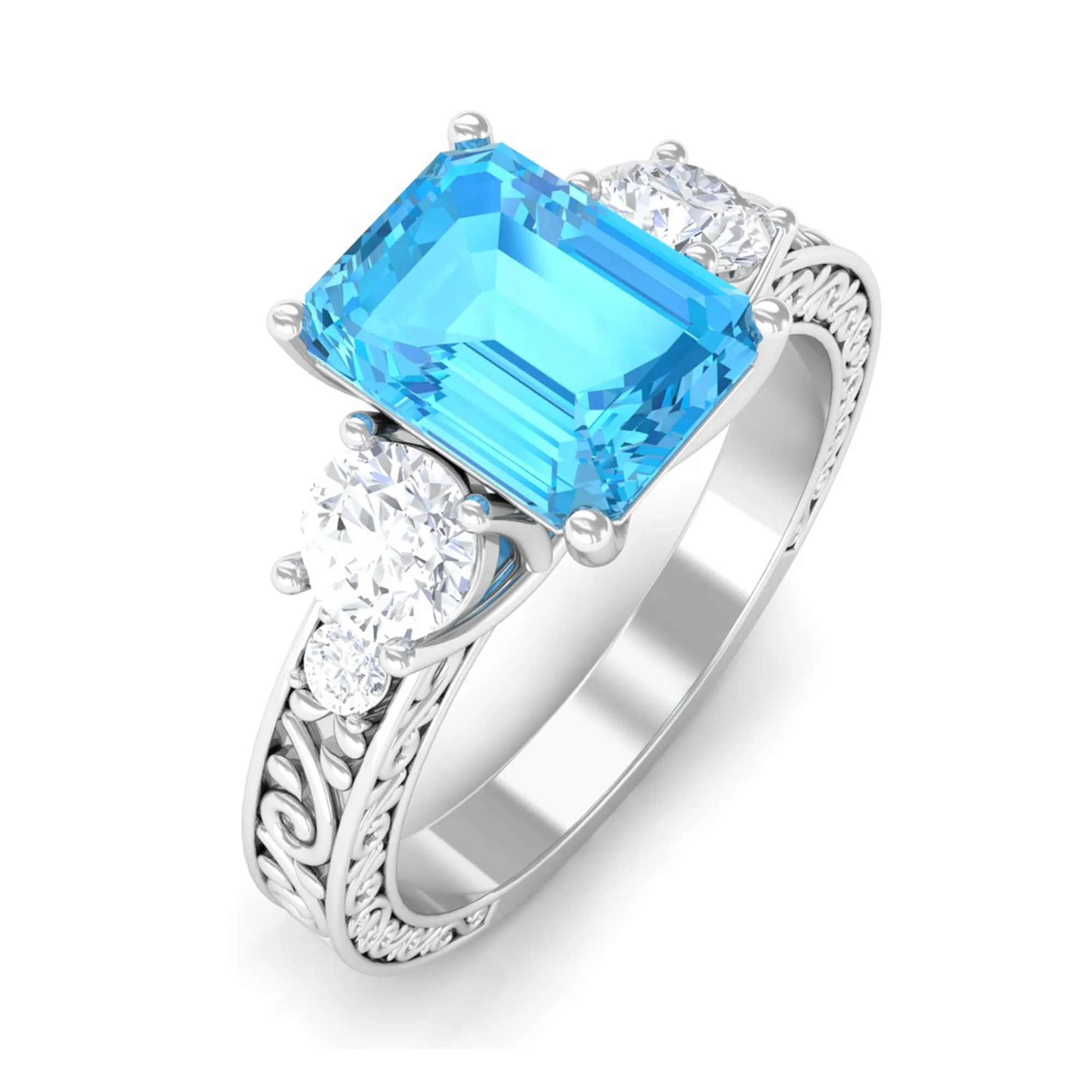 6X8 MM Octagon Cut Swiss Blue Topaz with Moissanite Three Stone Ring
