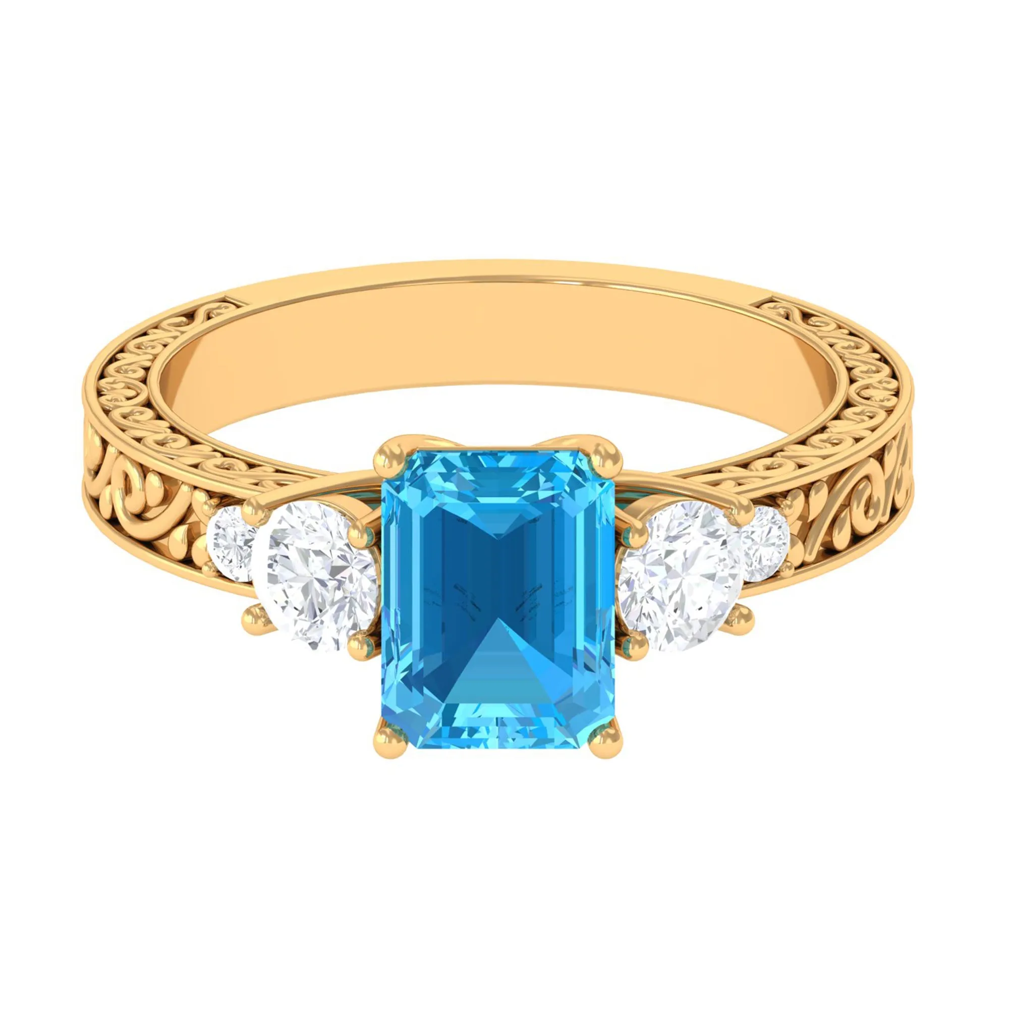 6X8 MM Octagon Cut Swiss Blue Topaz with Moissanite Three Stone Ring