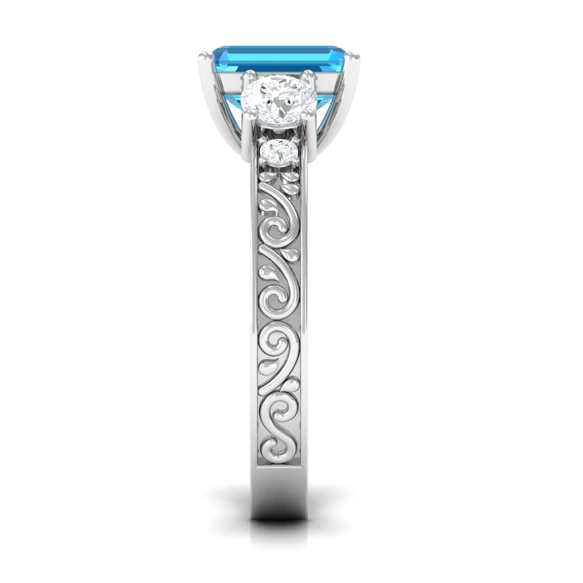 6X8 MM Octagon Cut Swiss Blue Topaz with Moissanite Three Stone Ring