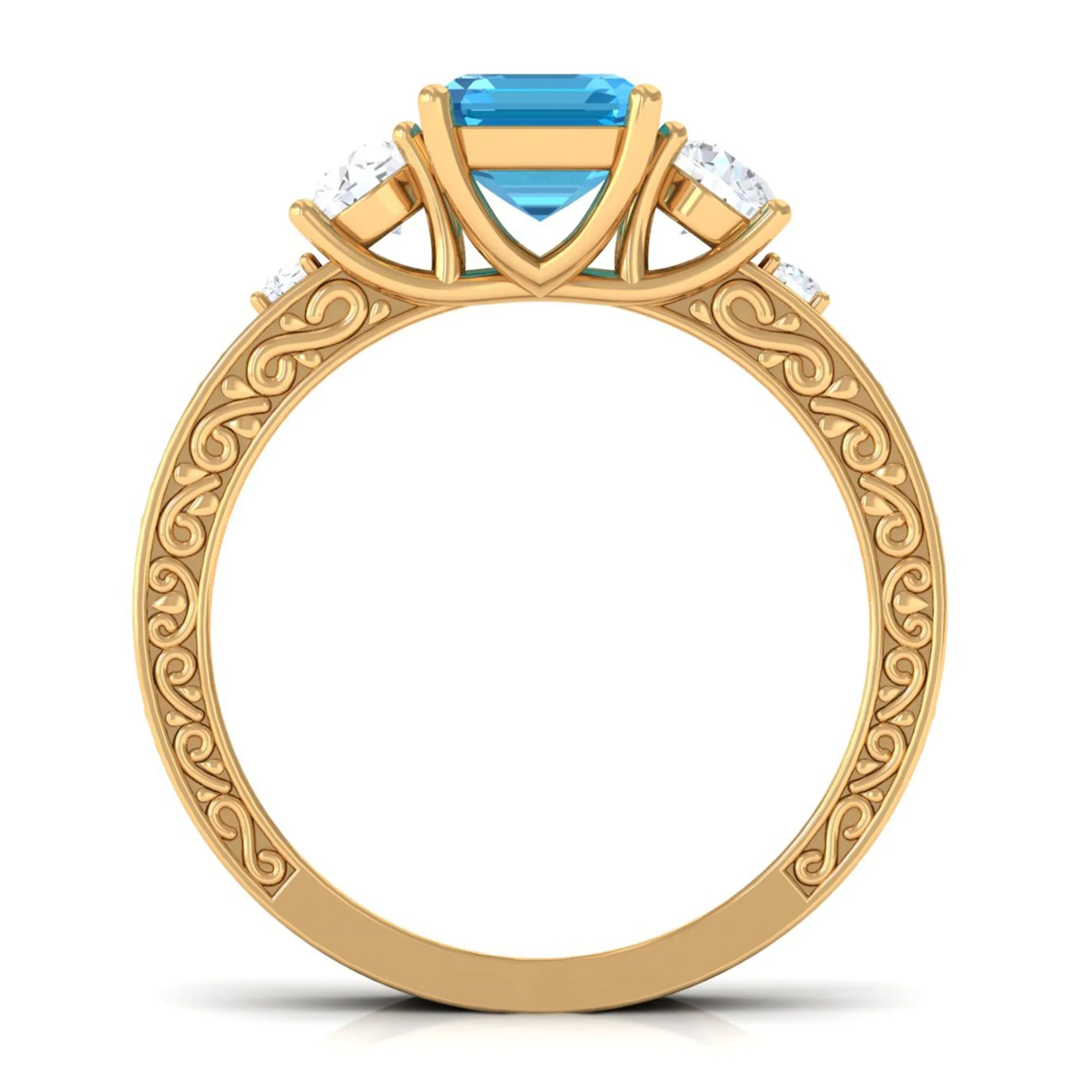 6X8 MM Octagon Cut Swiss Blue Topaz with Moissanite Three Stone Ring