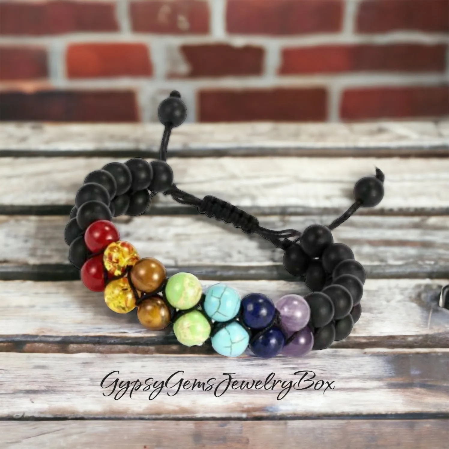 7 Chakra Double Row   Black Onyx Braided Macrame Adjustable Sliding Knot Round Matte (8mm) Natural Gemstone Crystal Energy Bead Bracelet