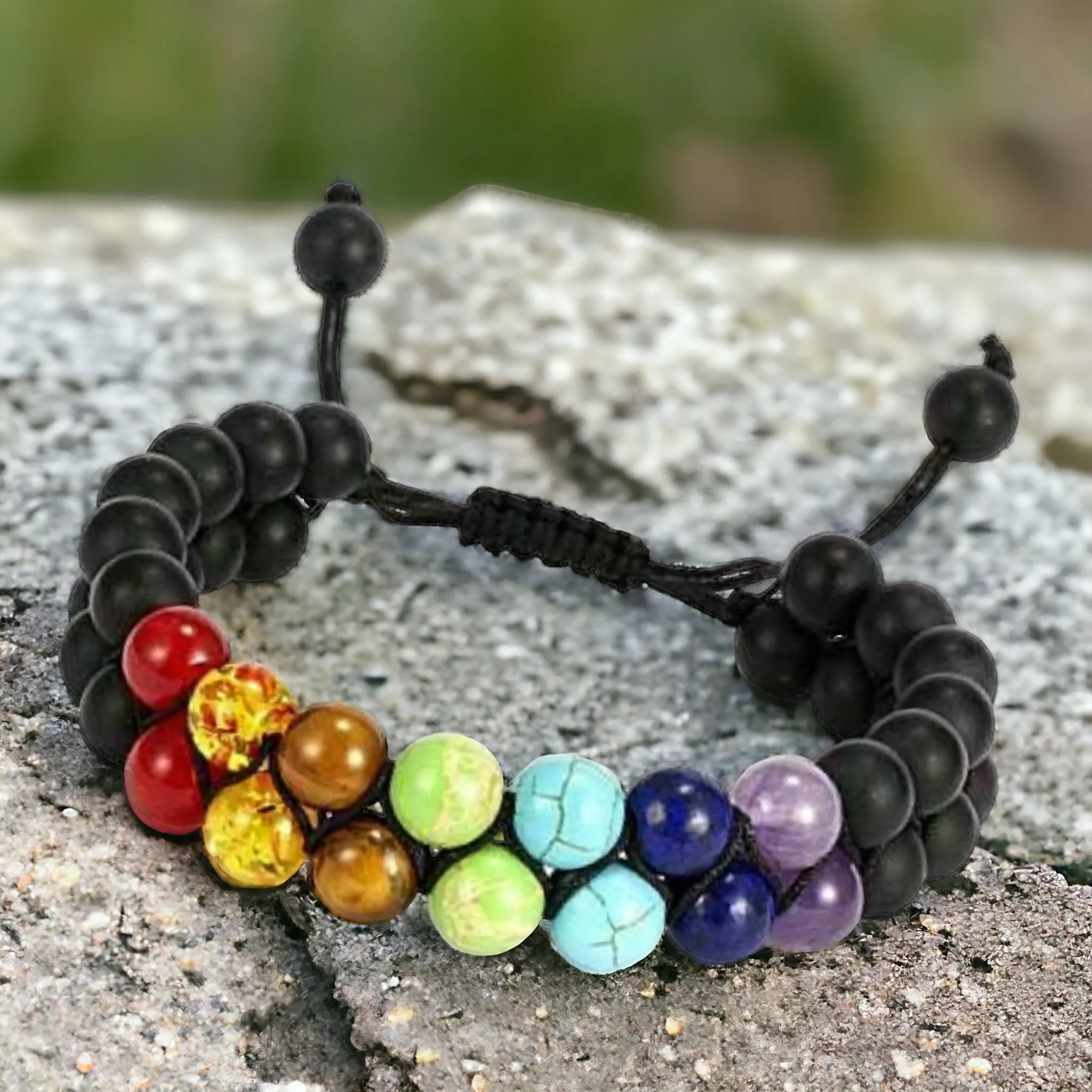 7 Chakra Double Row   Black Onyx Braided Macrame Adjustable Sliding Knot Round Matte (8mm) Natural Gemstone Crystal Energy Bead Bracelet
