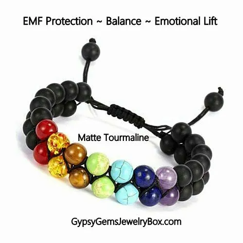 7 Chakra Double Row   Black Onyx Braided Macrame Adjustable Sliding Knot Round Matte (8mm) Natural Gemstone Crystal Energy Bead Bracelet