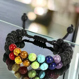 7 Chakra Double Row   Black Onyx Braided Macrame Adjustable Sliding Knot Round Matte (8mm) Natural Gemstone Crystal Energy Bead Bracelet