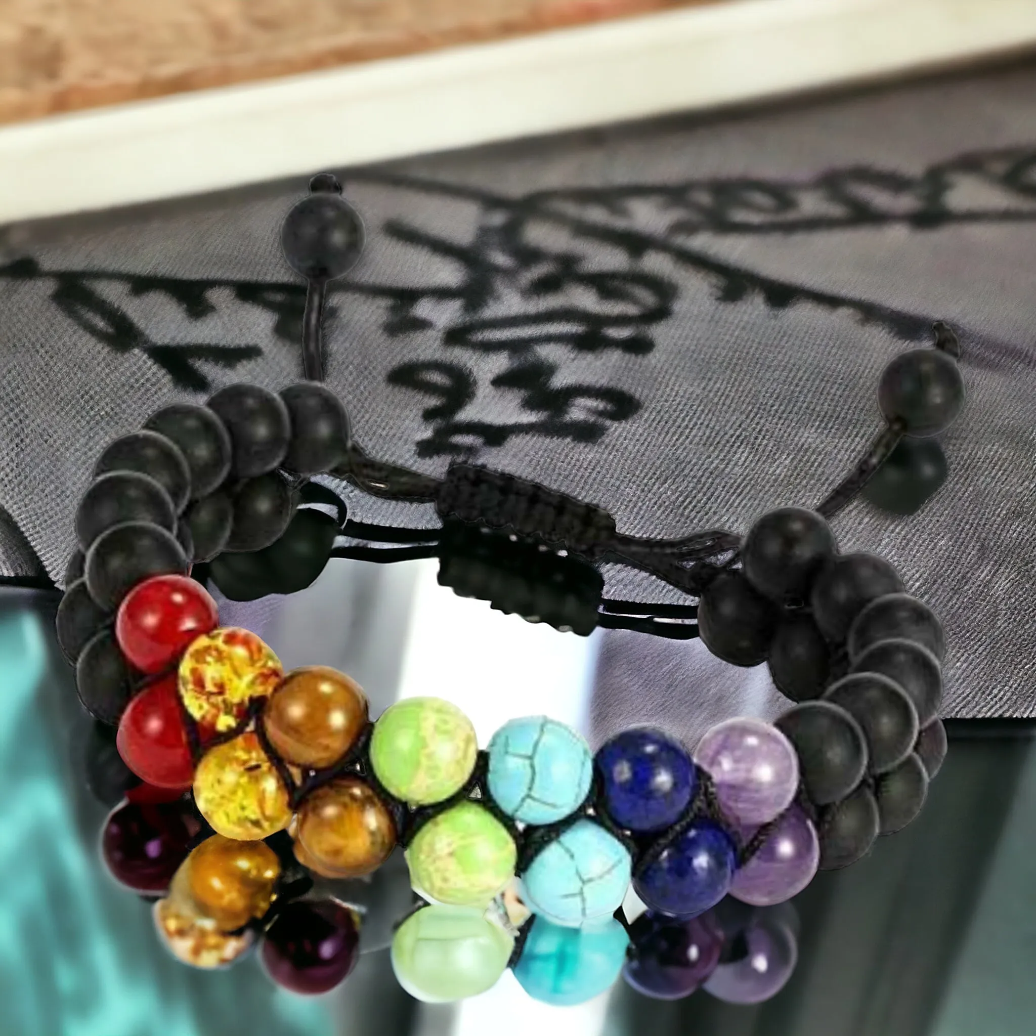 7 Chakra Double Row   Black Onyx Braided Macrame Adjustable Sliding Knot Round Matte (8mm) Natural Gemstone Crystal Energy Bead Bracelet