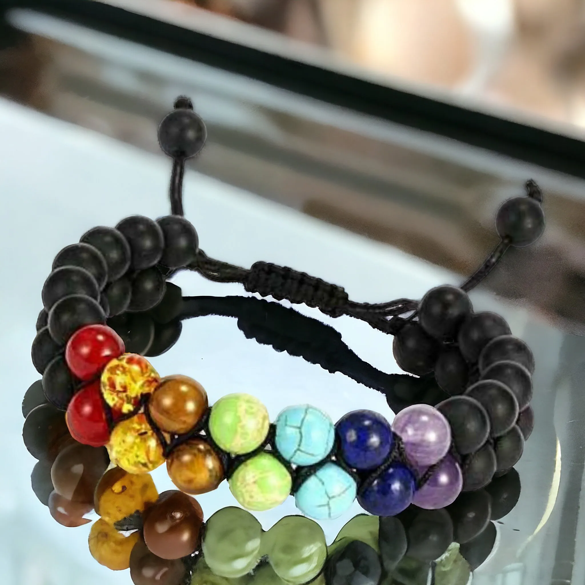 7 Chakra Double Row   Black Onyx Braided Macrame Adjustable Sliding Knot Round Matte (8mm) Natural Gemstone Crystal Energy Bead Bracelet