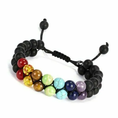 7 Chakra Double Row   Black Onyx Braided Macrame Adjustable Sliding Knot Round Matte (8mm) Natural Gemstone Crystal Energy Bead Bracelet