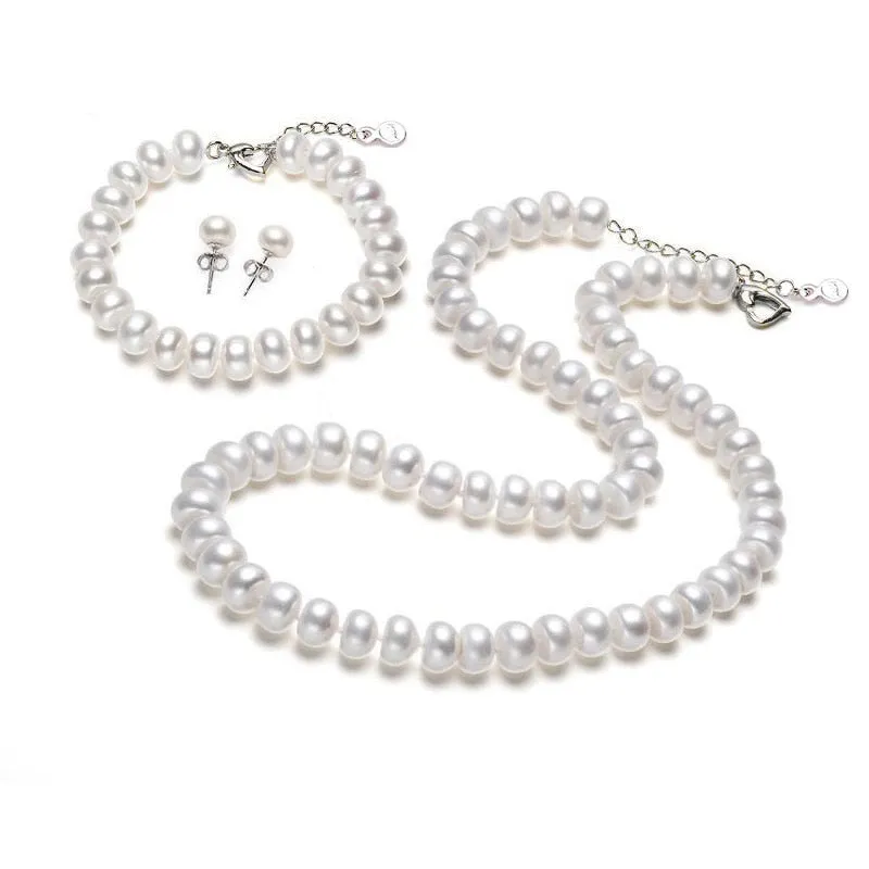 925 Sterling Silver freshwater Pearl Sets Necklace Bracelet Earrings