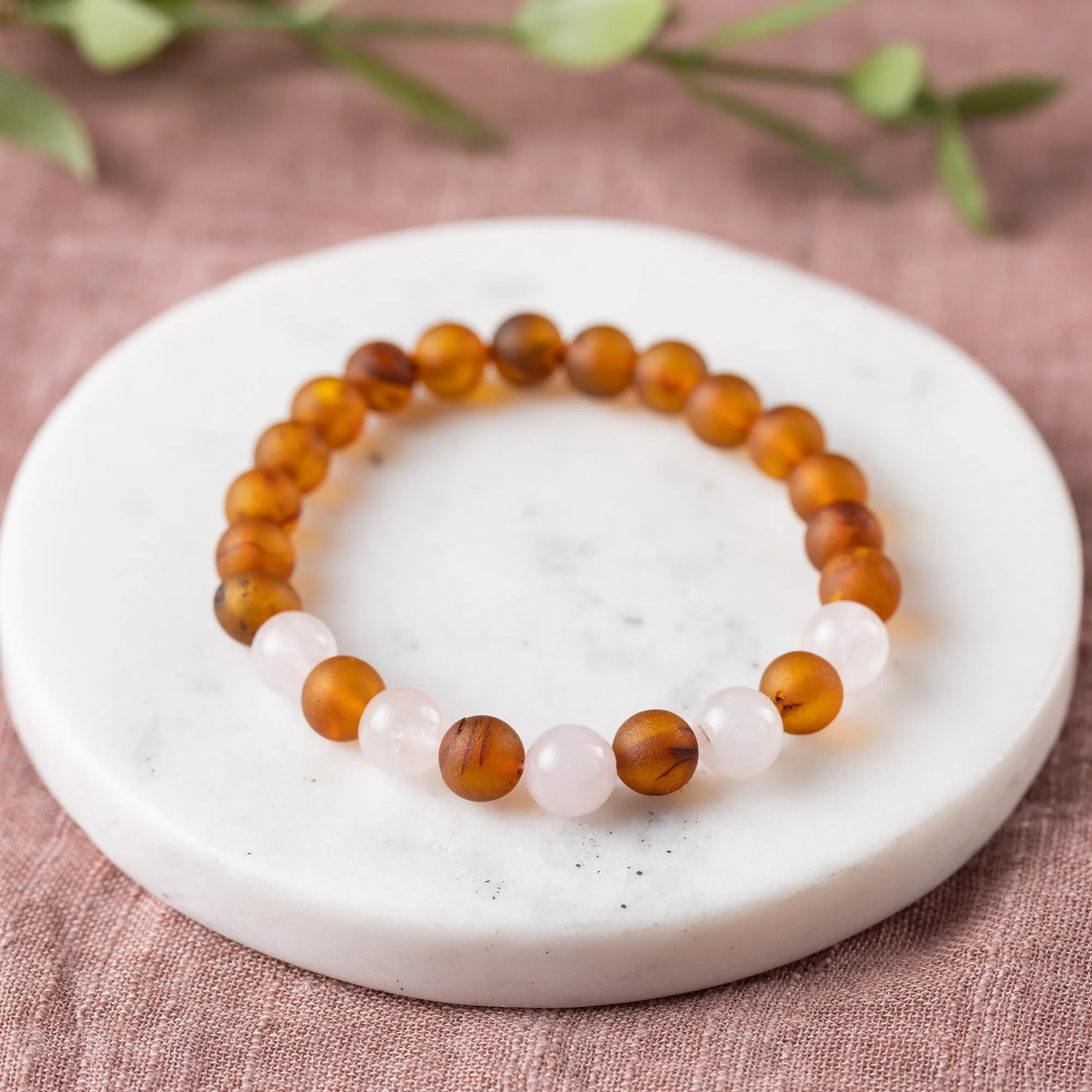 Adults | Rose Quartz   Raw Cognac Amber Bracelet