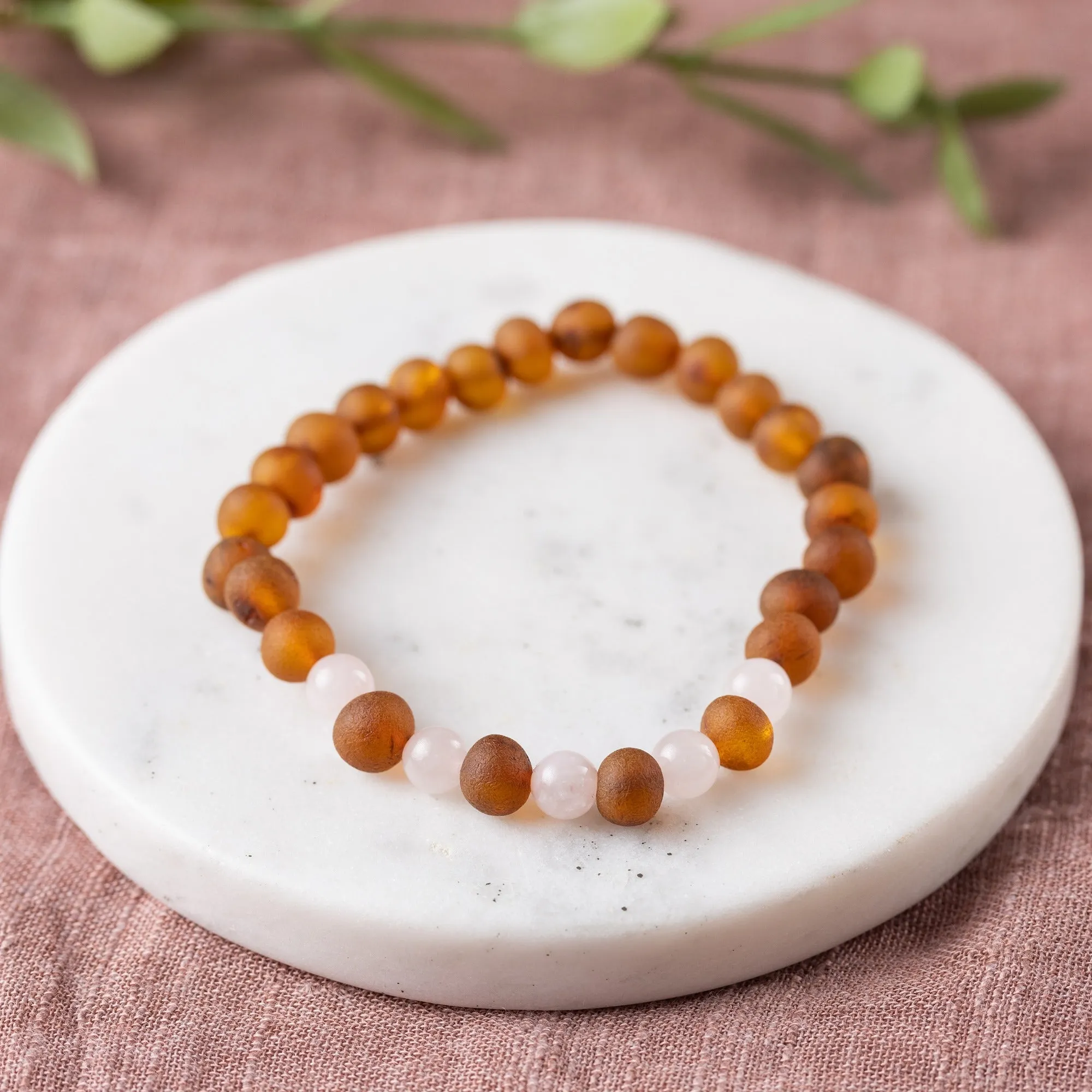 Adults | Rose Quartz   Raw Cognac Amber Bracelet