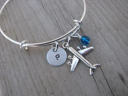 Airplane Charm Bracelet- Adjustable Bangle Bracelet with an Initial Charm and an Accent Bead of your choice