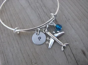 Airplane Charm Bracelet- Adjustable Bangle Bracelet with an Initial Charm and an Accent Bead of your choice