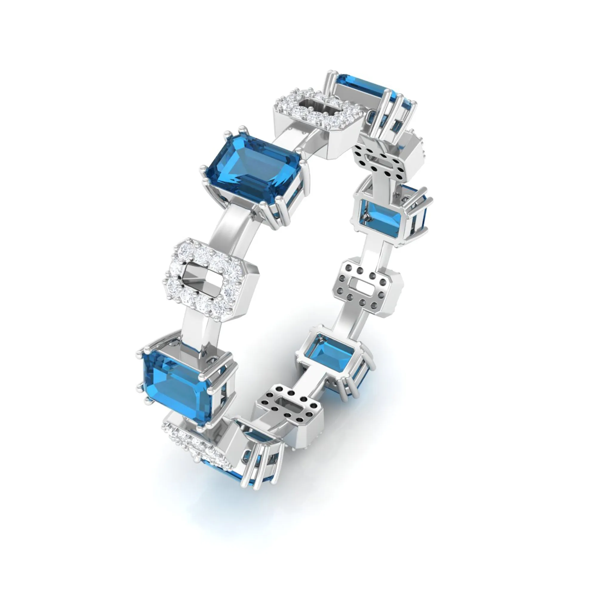 Alternate Octagon Cut London Blue Topaz and Diamond Eternity Ring