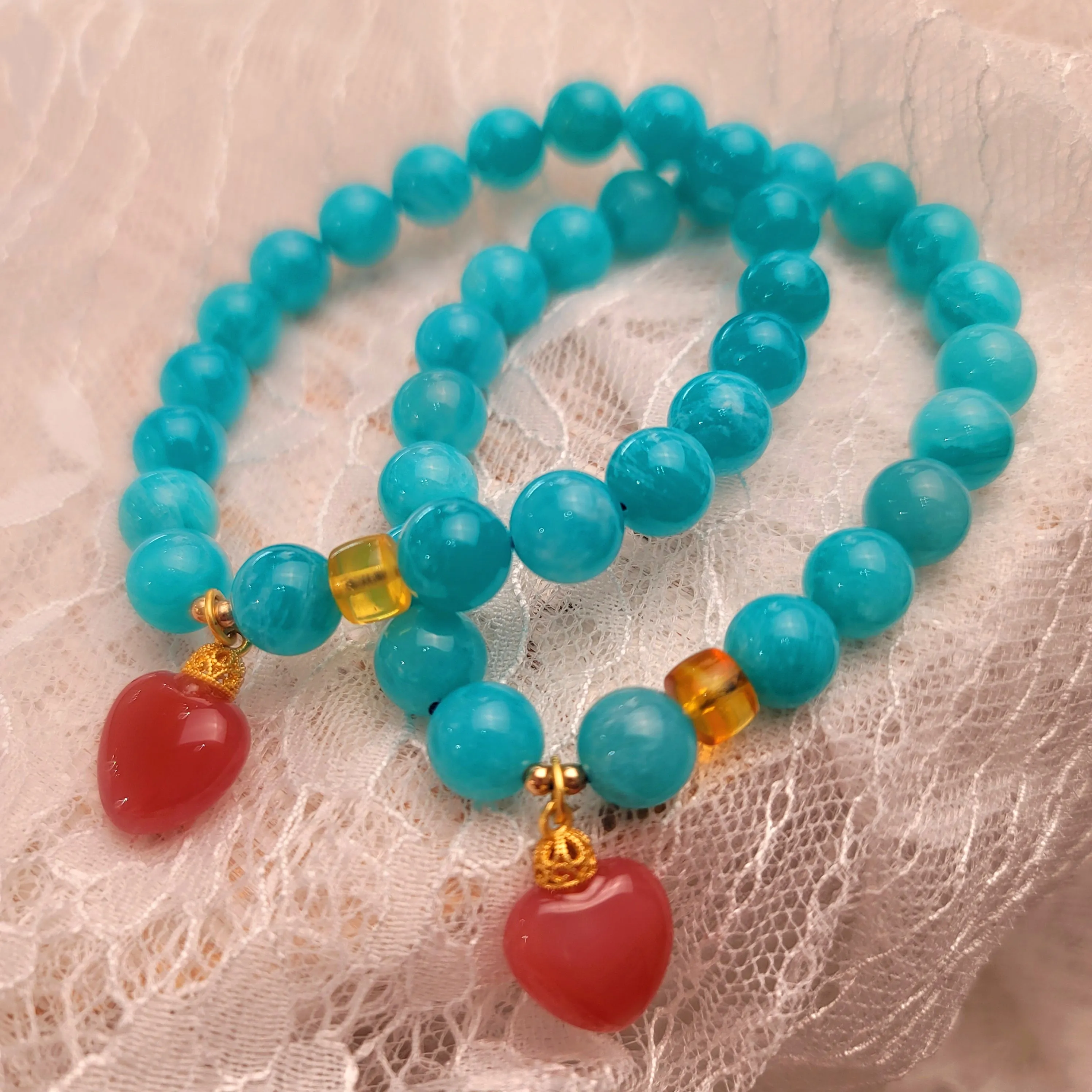 Amazonite with Yanyuan Heart Charm and Amber Bracelet for Speaking Your Truth