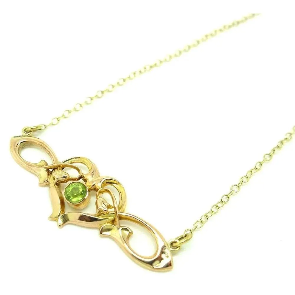 Antique Art Nouveau Peridot 9ct Gold Heart Necklace
