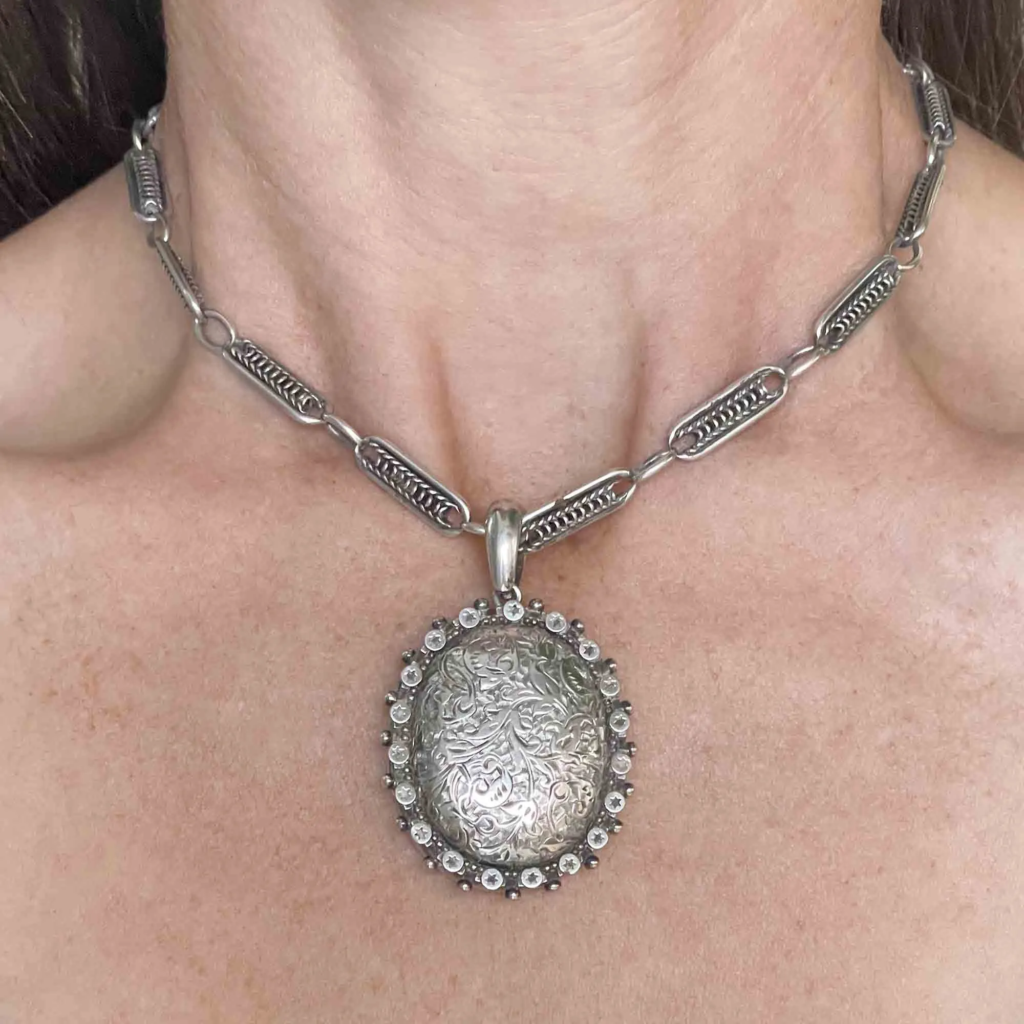 Antique Sterling Silver Victorian Floral Star Locket Necklace