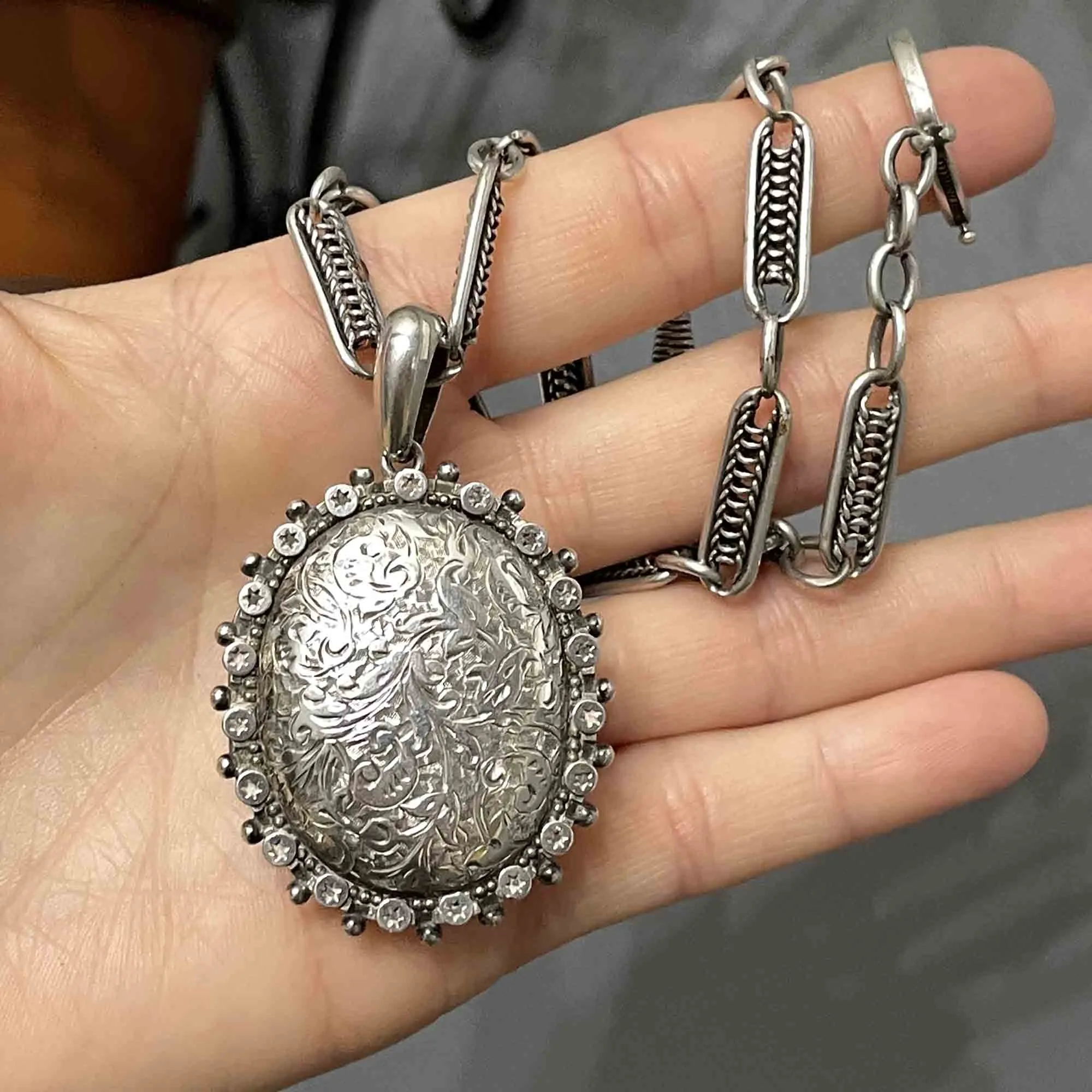 Antique Sterling Silver Victorian Floral Star Locket Necklace