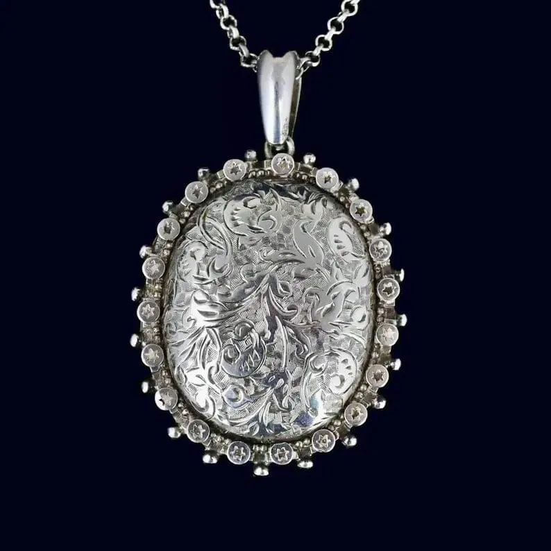 Antique Sterling Silver Victorian Floral Star Locket Necklace