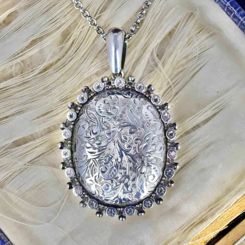 Antique Sterling Silver Victorian Floral Star Locket Necklace