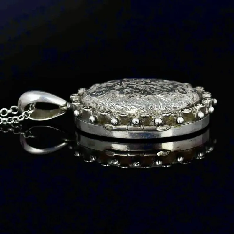 Antique Sterling Silver Victorian Floral Star Locket Necklace