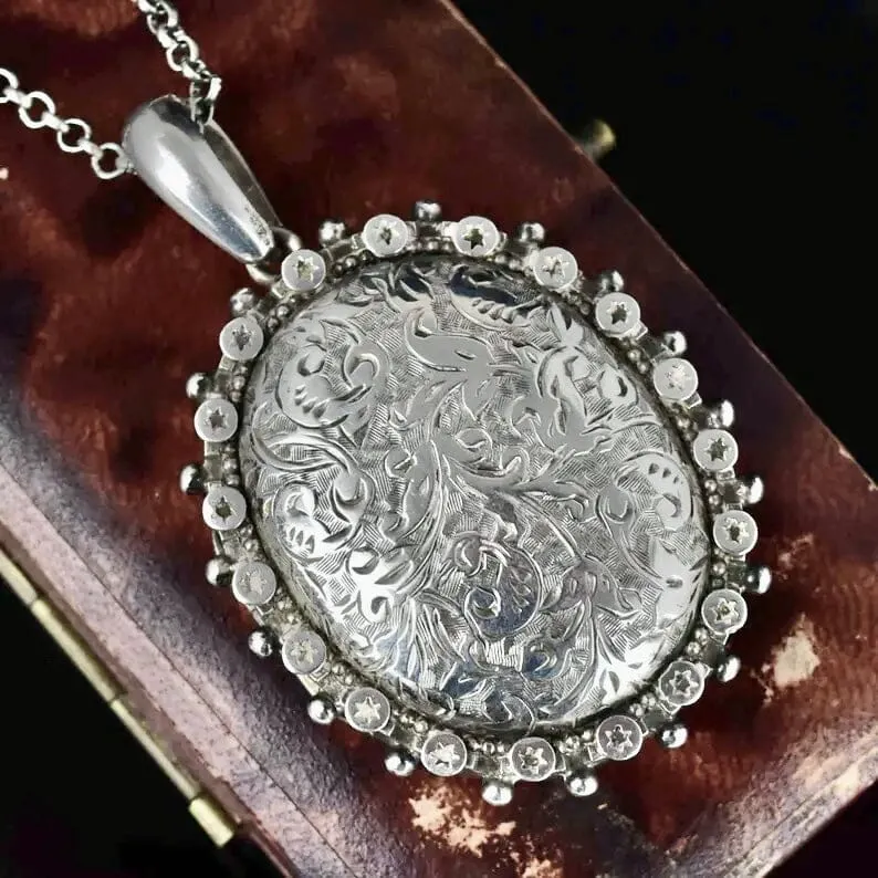 Antique Sterling Silver Victorian Floral Star Locket Necklace