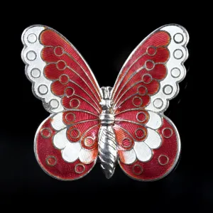 Antique Victorian Red White Enamel Butterfly Brooch Circa 1900