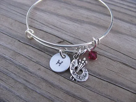 Art Palette Charm Bracelet -Adjustable Bangle Bracelet with an Initial Charm and an Accent Bead of your choice