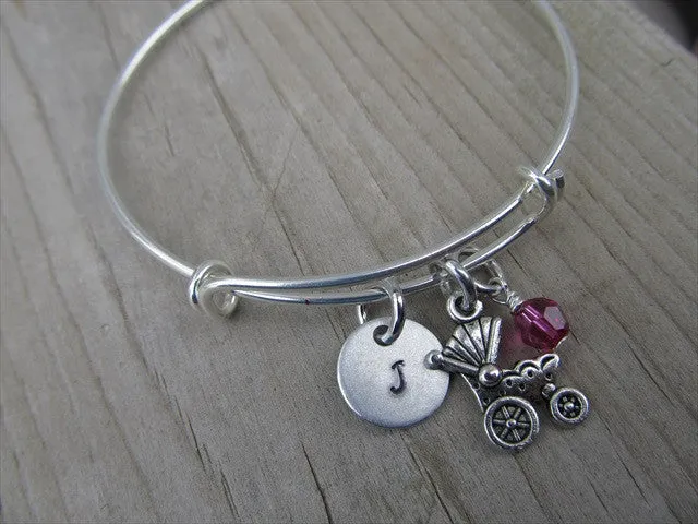 Baby Carriage Charm Bracelet- Adjustable Bangle Bracelet with an Initial Charm and an Accent Bead of your choice