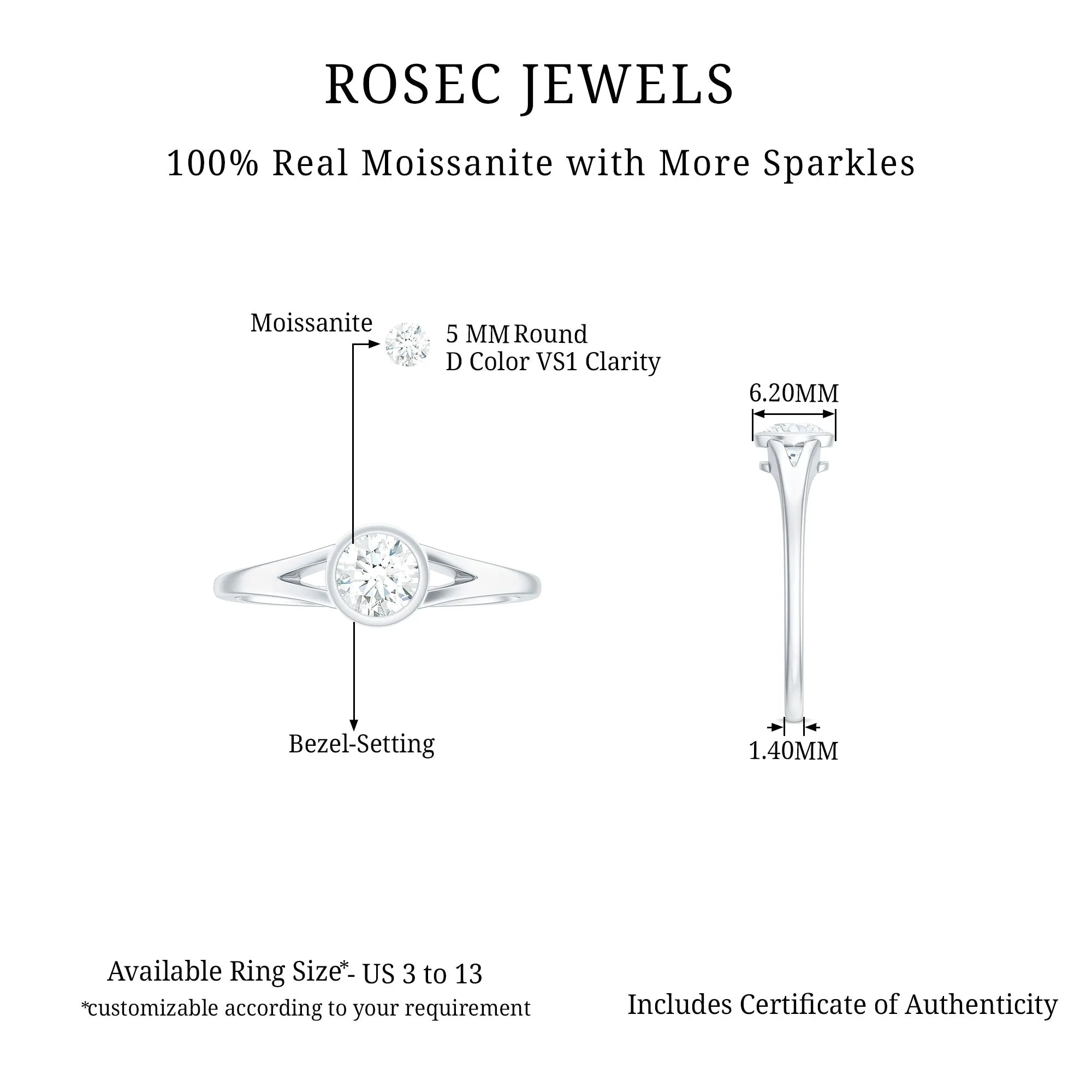 Bezel Set Round Moissanite Solitaire Promise Ring in Split Shank