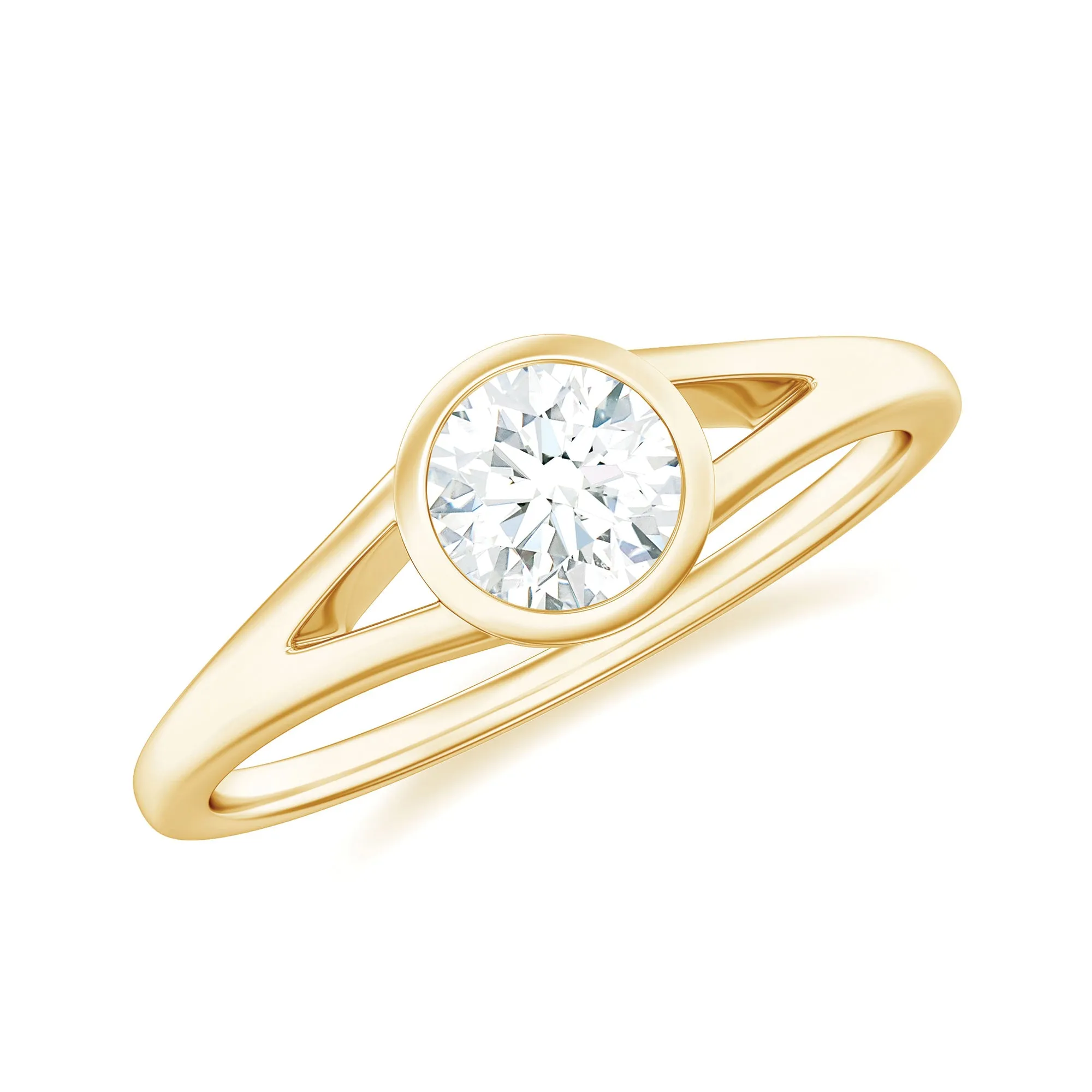 Bezel Set Round Moissanite Solitaire Promise Ring in Split Shank