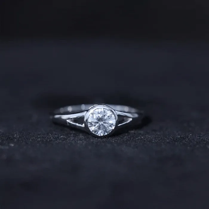 Bezel Set Round Moissanite Solitaire Promise Ring in Split Shank