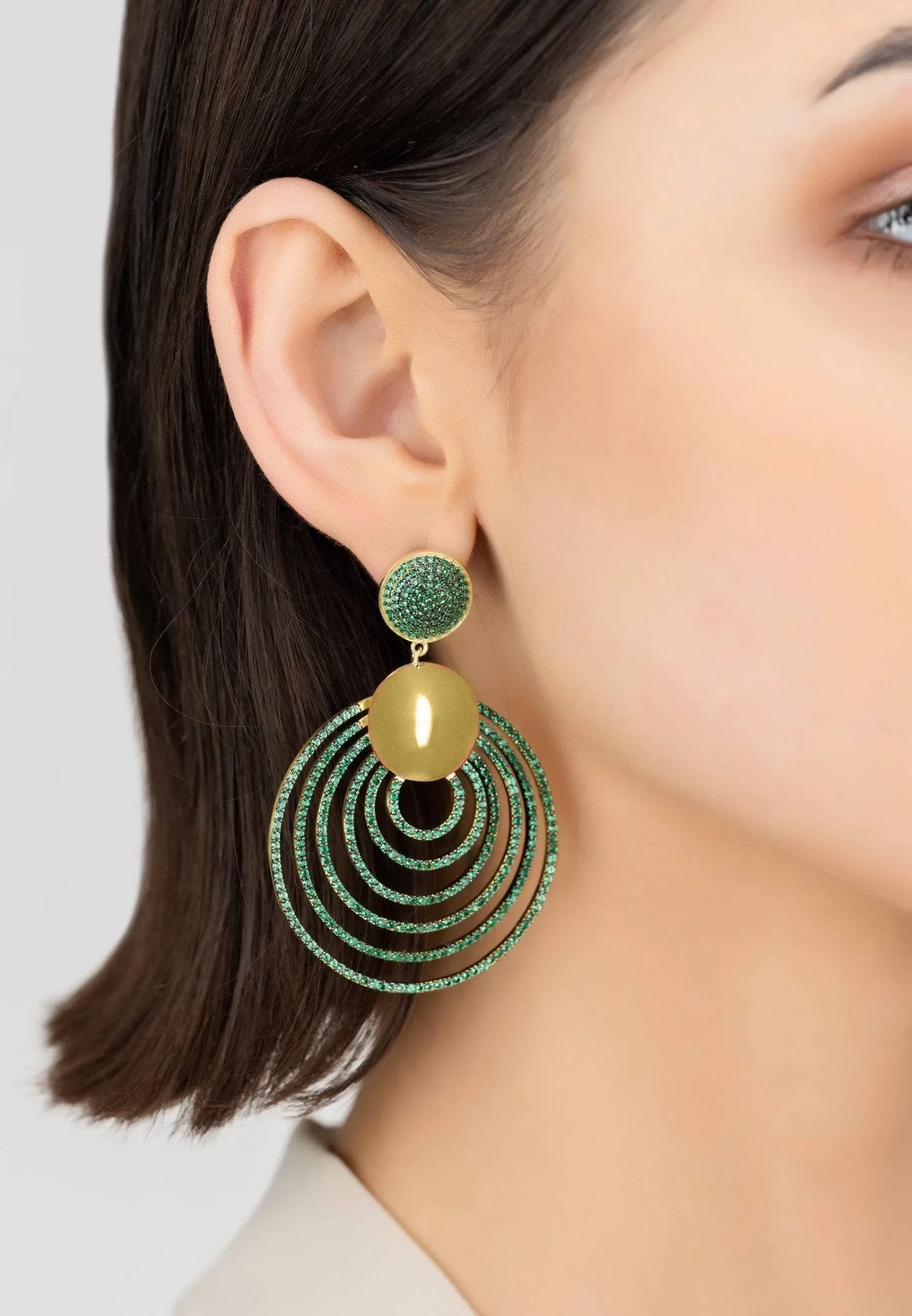 Descending Circles Drop Earrings Gold Emerald