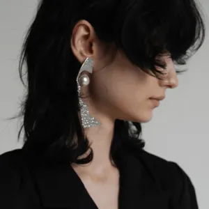 Early 2000 One Sided Statement Abstract Silver Earring With faux Pearl