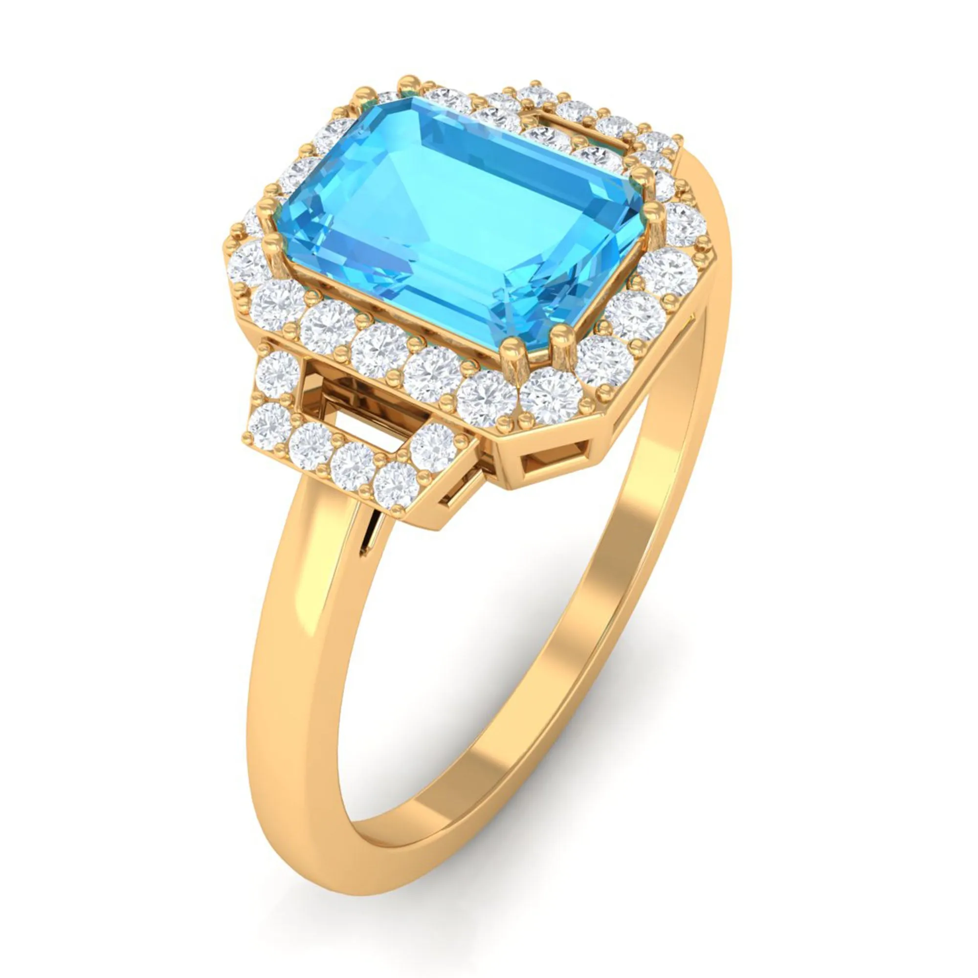 Emerald Cut Swiss Blue Topaz and Diamond Statement Engagement Ring