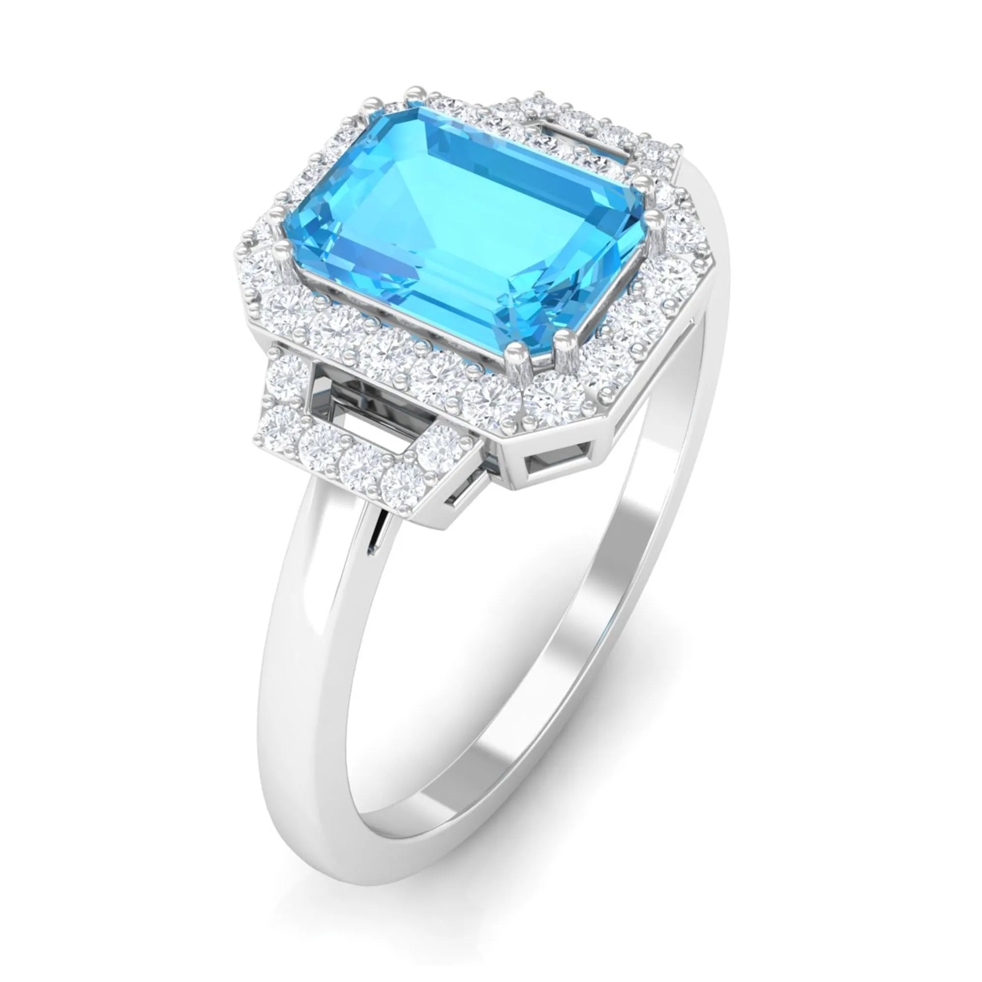 Emerald Cut Swiss Blue Topaz and Diamond Statement Engagement Ring