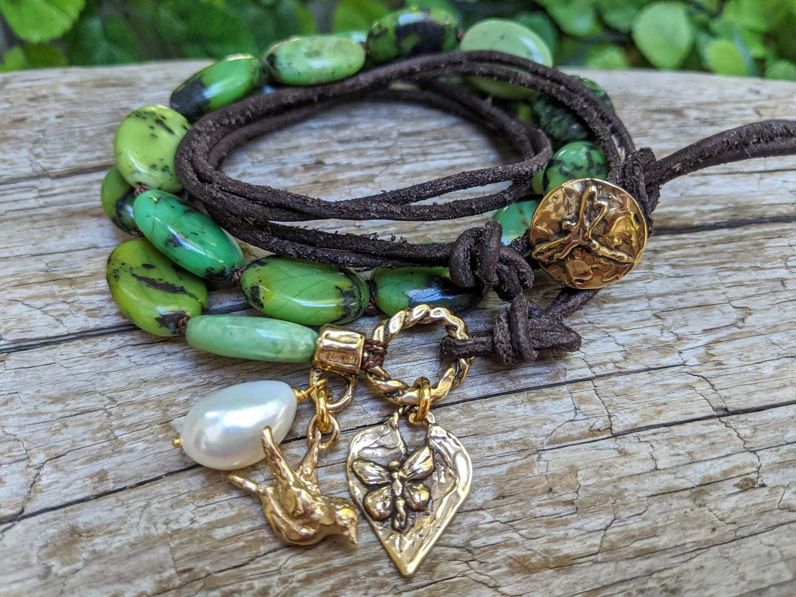 Forest Green Chrysoprase Bird & Butterfly Charm Wrap Bracelet-Necklace 2in1