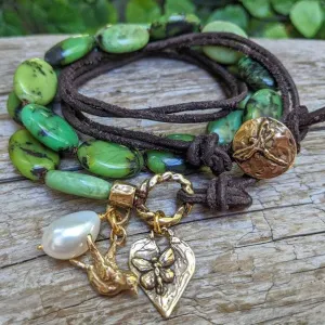 Forest Green Chrysoprase Bird & Butterfly Charm Wrap Bracelet-Necklace 2in1