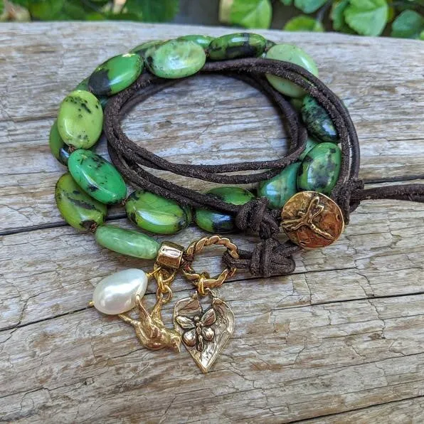 Forest Green Chrysoprase Bird & Butterfly Charm Wrap Bracelet-Necklace 2in1