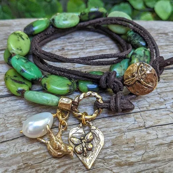 Forest Green Chrysoprase Bird & Butterfly Charm Wrap Bracelet-Necklace 2in1