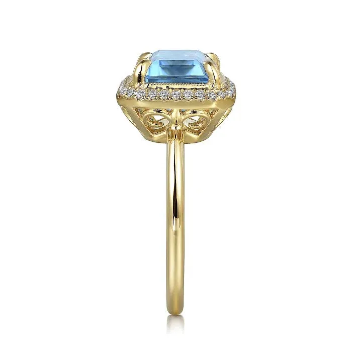 Gabriel 14K Yellow Gold Diamond and Blue Topaz Emerald Cut Ladies Ring With Flower Pattern Gallery LR52481Y45BT